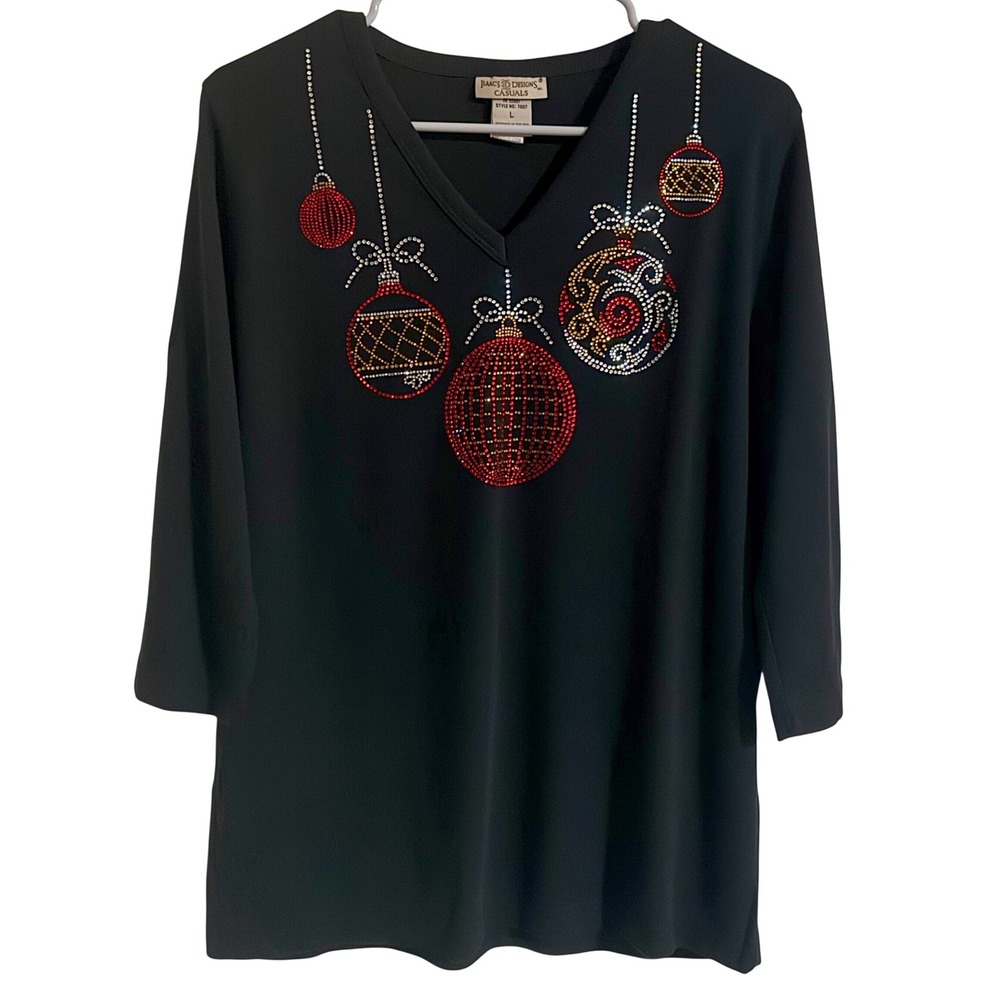 Isaac's Designs Women's Rhinestone Christmas Ornament Top Black Size Large Retro